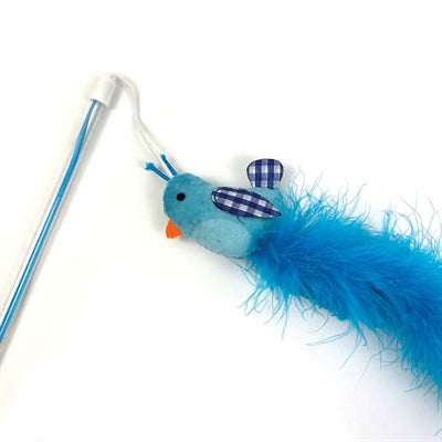 Happy Pet Tabby Patch Cat Wand Toy Bird Blue
