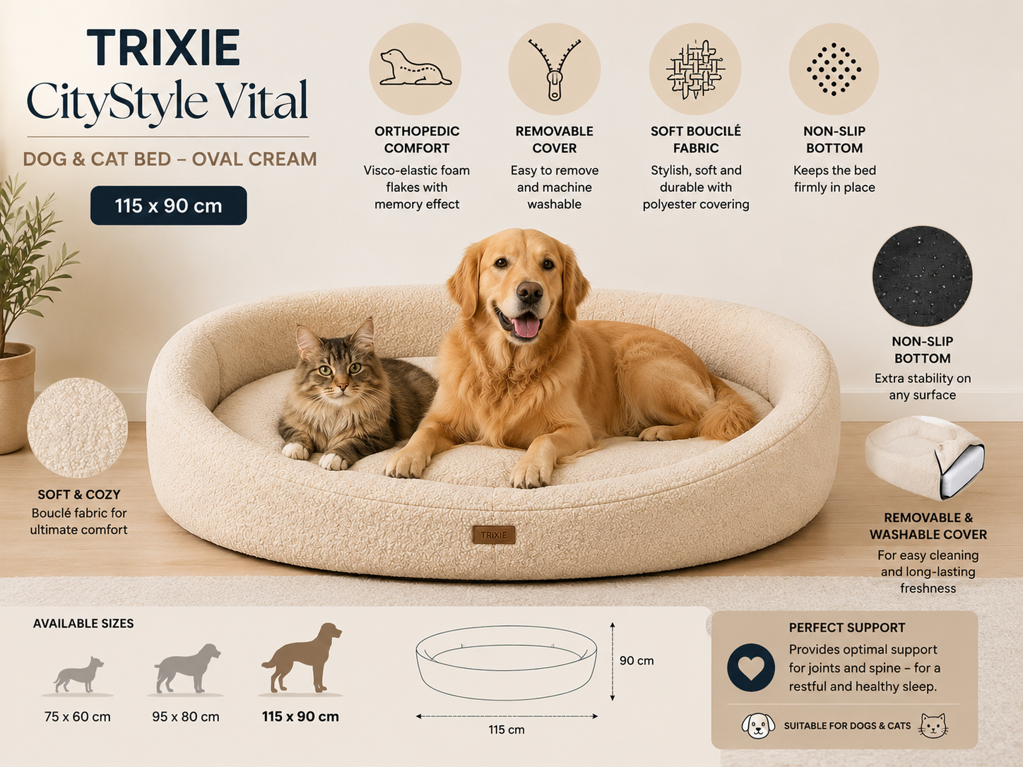 Trixie CityStyle Vital Dog Bed – Oval Cream 115 × 90 cm